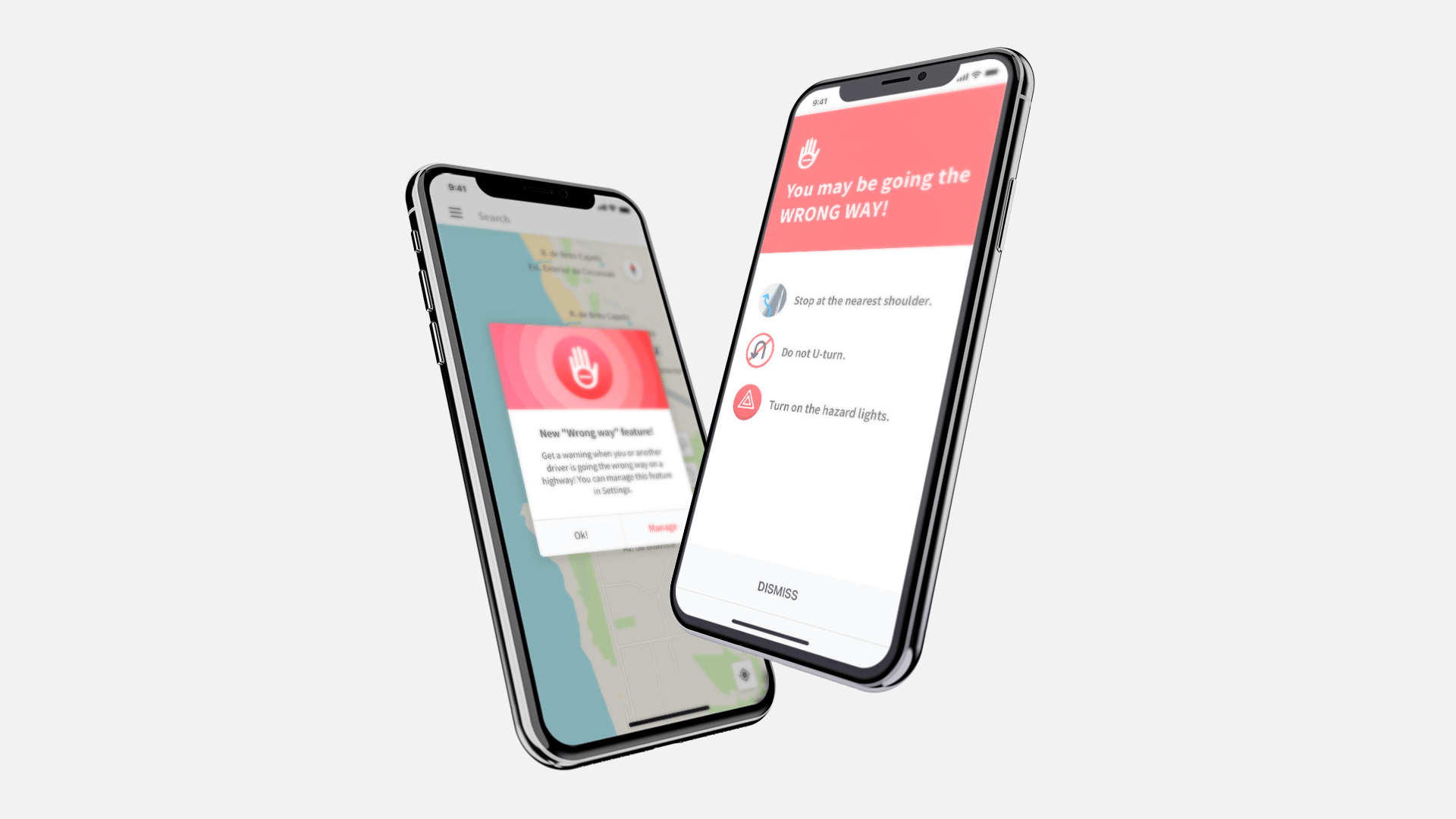 Two app screenshots showcasing wrong-way driver feature.
